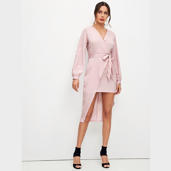 Self Belted Asymmetrical Hem Wrap Dress Pink - Picture 2 of 5